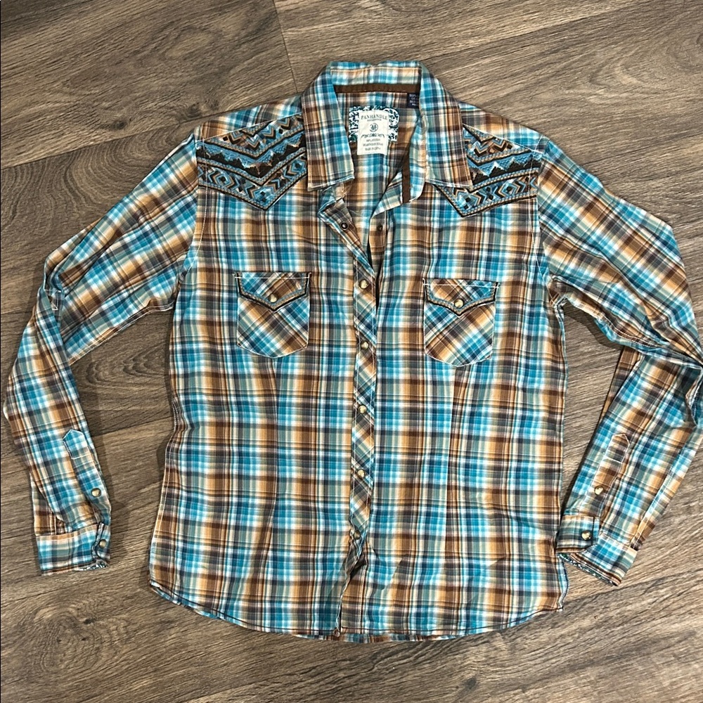 Panhandle Roughstock Men’s Plaid Button-Up Shirt with Embroidered Details, Med.